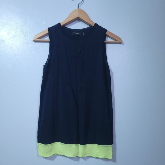 Theory Lewie Silk Tank Top Black Neon Yellow Blouse Women's Size S/M J0502529 - Picture 2 of 9